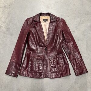Cole Haan Burgundy Lambs Leather Womens Blazer Size 2 Y2K Business Embossed